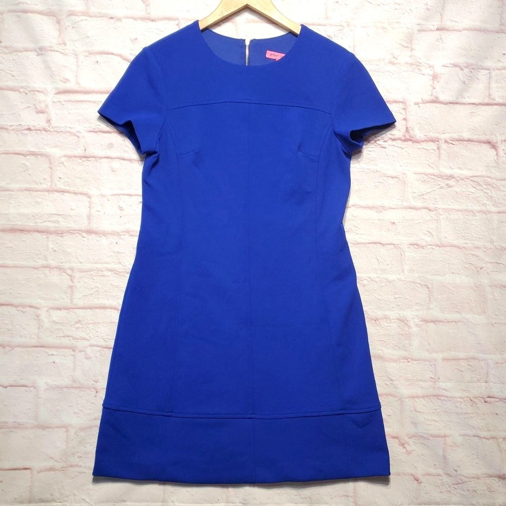 Betsey Johnson Dress Womens 6 Blue Sheath Short Sleeve Exposed Back Zip Retro
